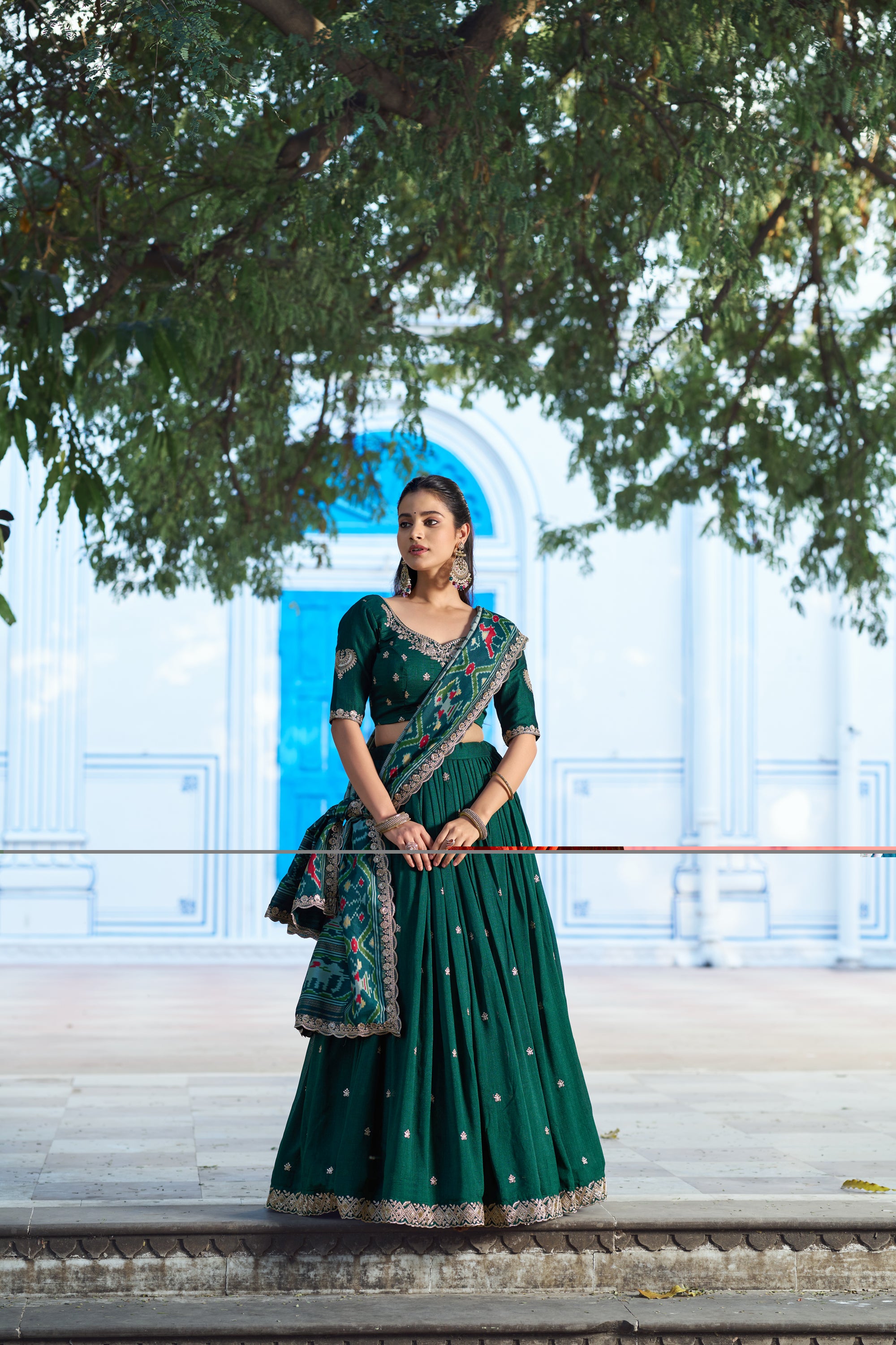 Lorenvalley Fashion Green Vichitra Silk Sequins and Thread Embroidery Work Lehenga Choli with Dupatta - Dista