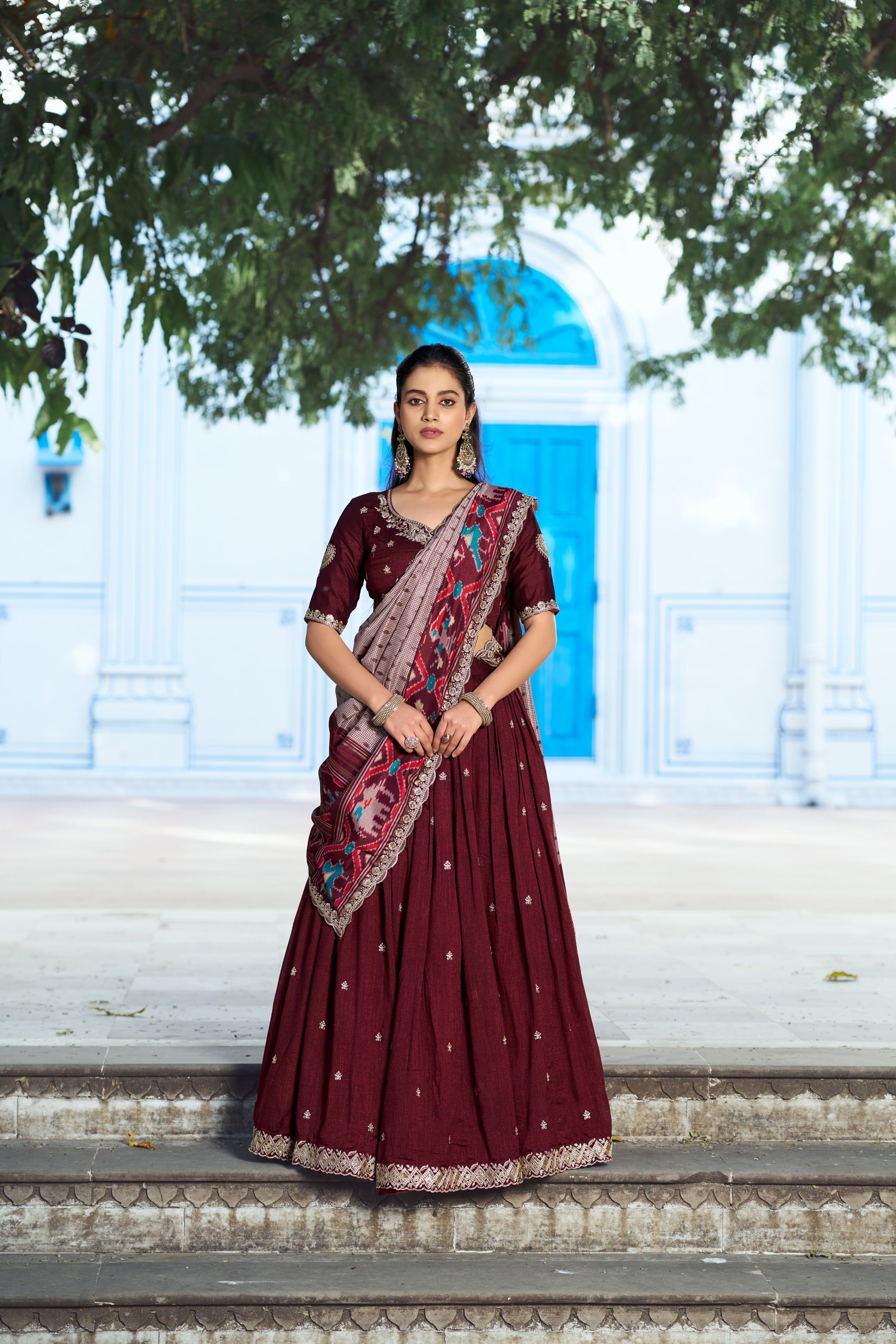 Lorenvalley Fashion Maroon Vichitra Silk Sequins and Thread Embroidery Work Lehenga Choli with Dupatta - Dista
