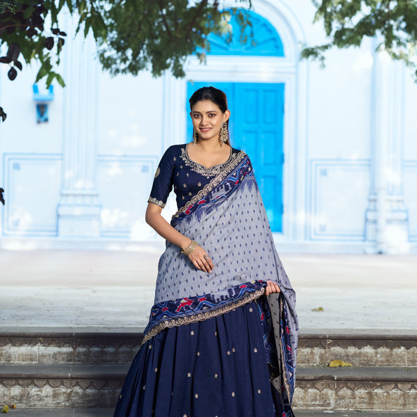 Lorenvalley Fashion Navyblue Vichitra Silk Sequins and Thread Embroidery Work Lehenga Choli with Dupatta - Dista