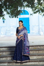 Thumbnail for Lorenvalley Fashion Navyblue Vichitra Silk Sequins and Thread Embroidery Work Lehenga Choli with Dupatta - Dista