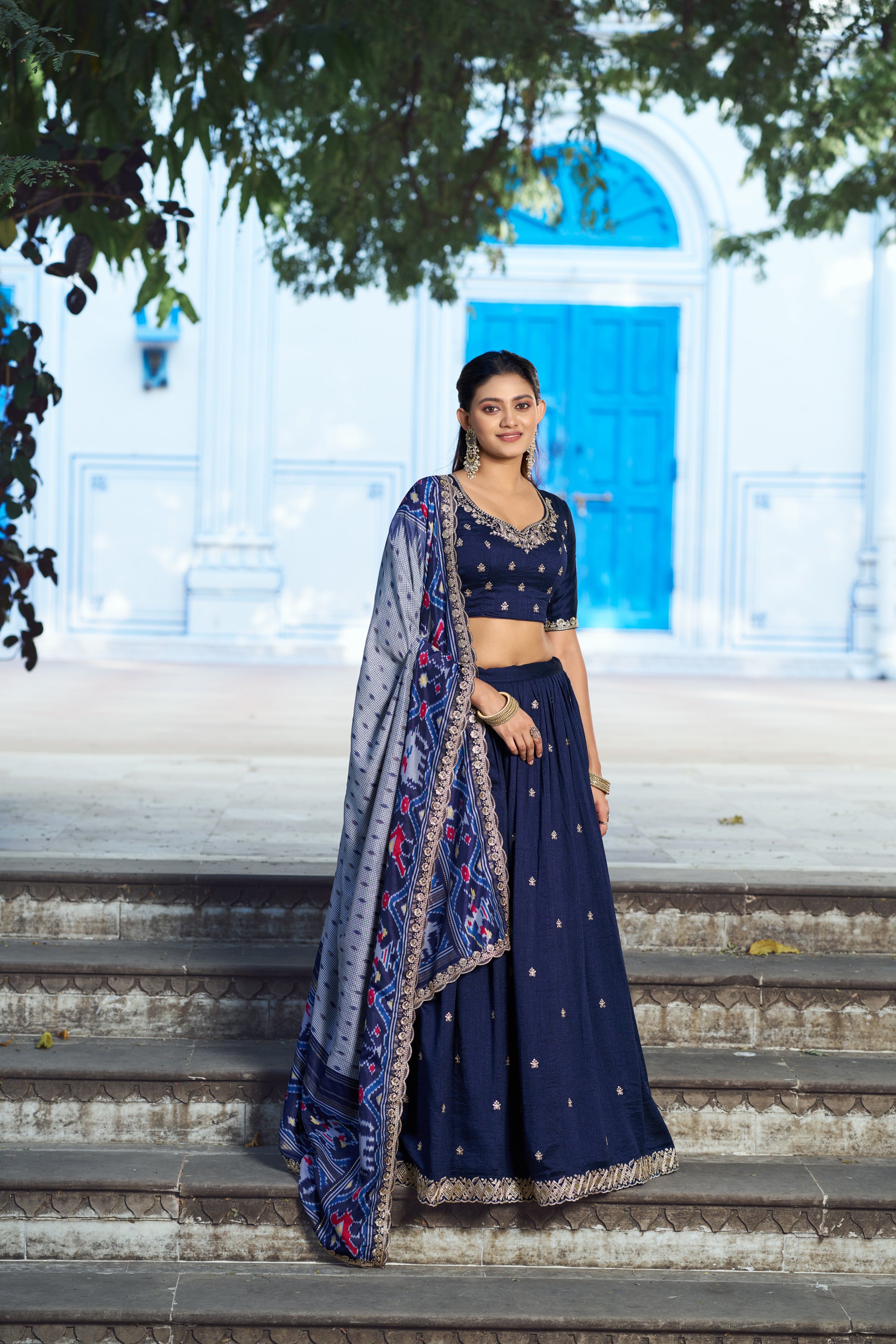 Lorenvalley Fashion Navyblue Vichitra Silk Sequins and Thread Embroidery Work Lehenga Choli with Dupatta - Dista