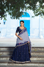 Thumbnail for Lorenvalley Fashion Navyblue Vichitra Silk Sequins and Thread Embroidery Work Lehenga Choli with Dupatta - Dista