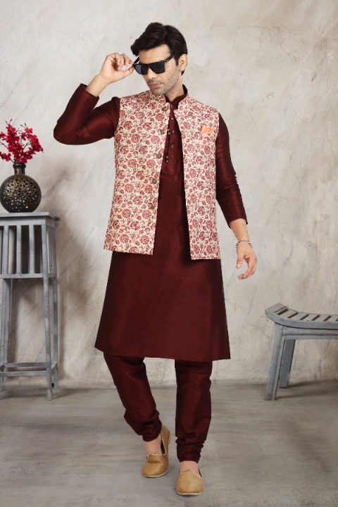 Raivat Ethnic Art Banarasi Silk Printed Work 3 Pics Jacket Set In Cream Colour - Distacart