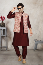Thumbnail for Raivat Ethnic Art Banarasi Silk Printed Work 3 Pics Jacket Set In Cream Colour - Distacart