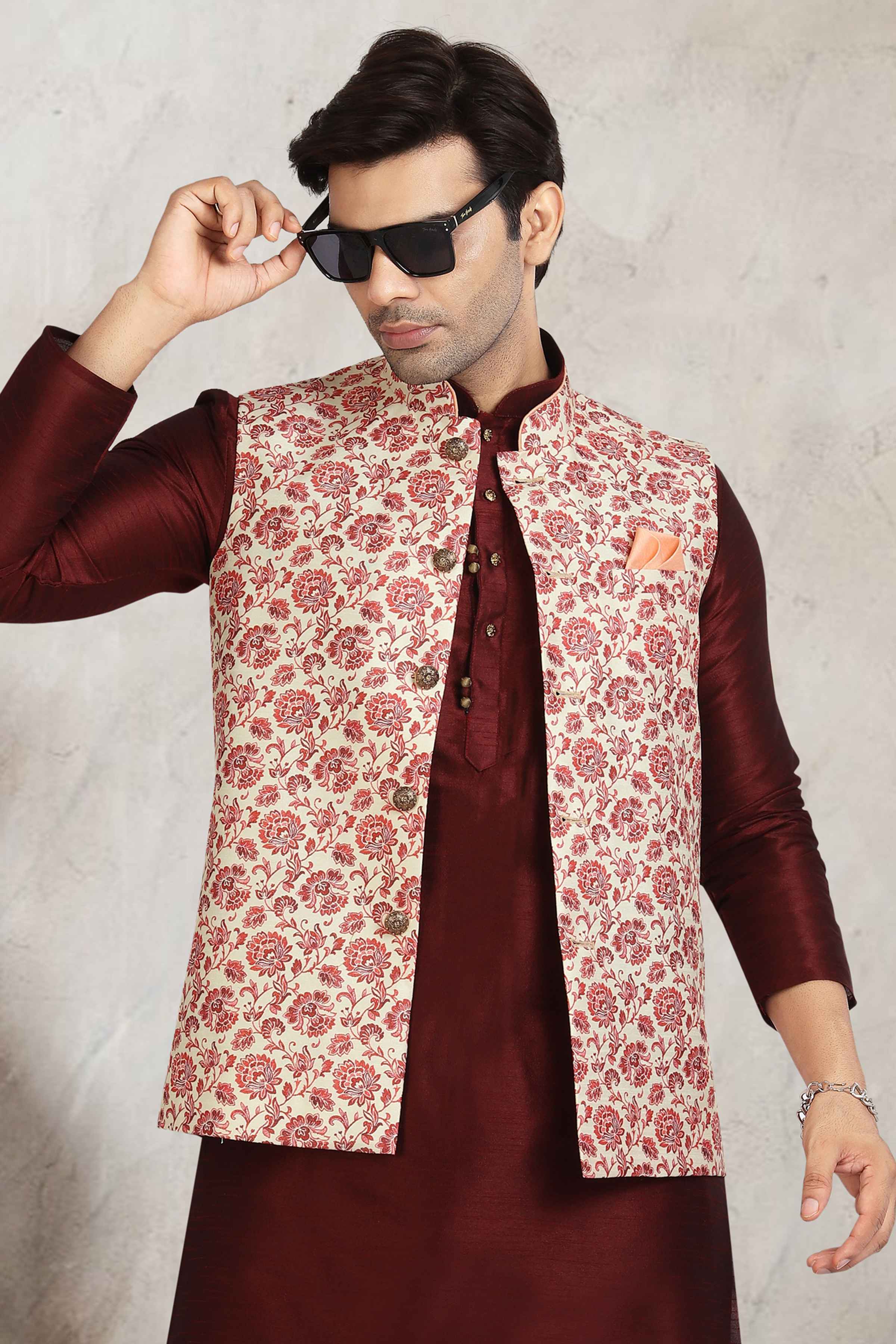 Raivat Ethnic Art Banarasi Silk Printed Work 3 Pics Jacket Set In Cream Colour - Distacart