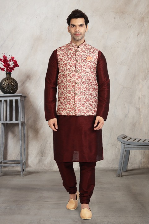 Raivat Ethnic Art Banarasi Silk Printed Work 3 Pics Jacket Set In Cream Colour - Distacart