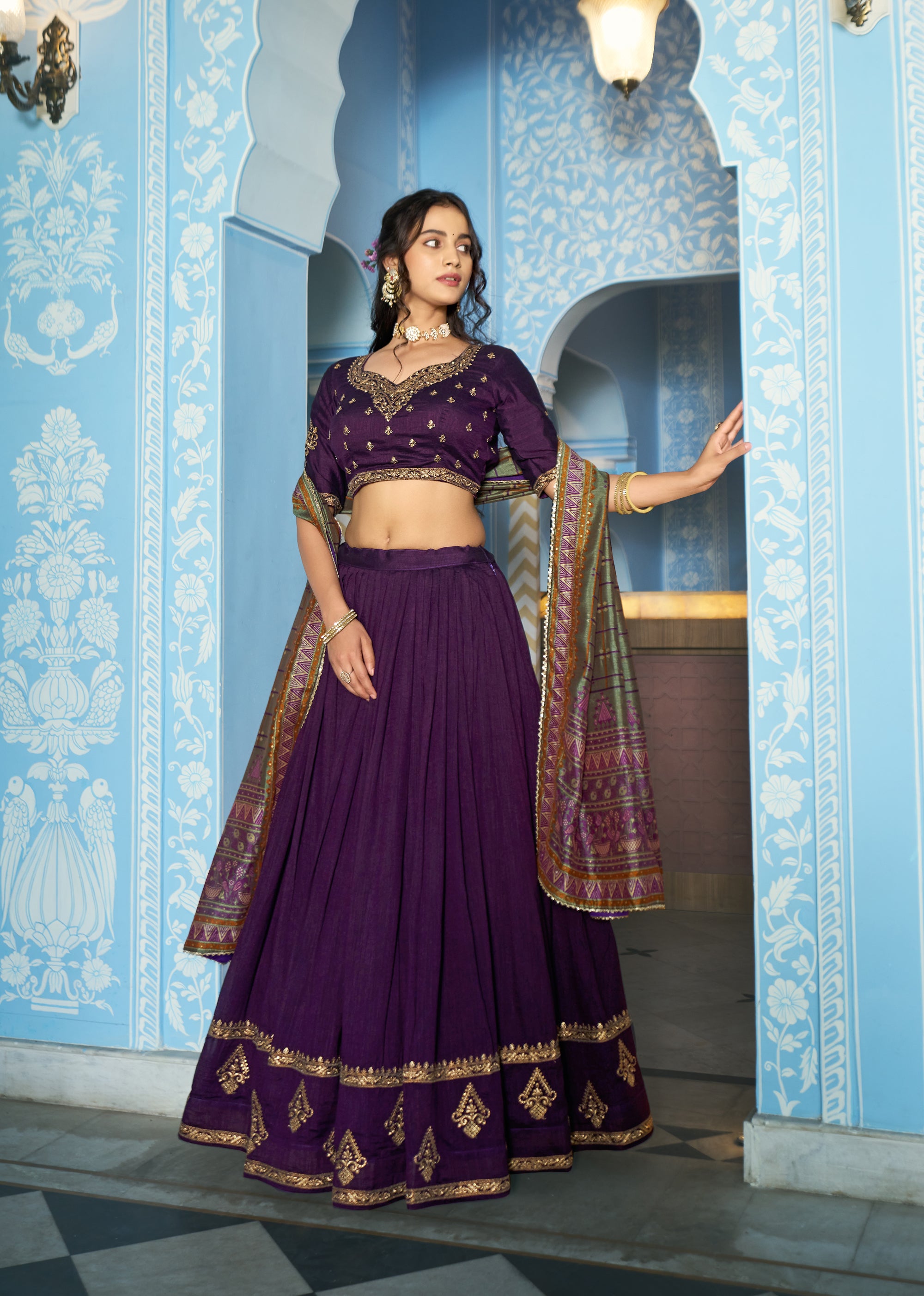 Lorenvalley Fashion Purple Vichitra Silk Sequins and Thread Embroidery Work Lehenga Choli with Dupatta - Dista