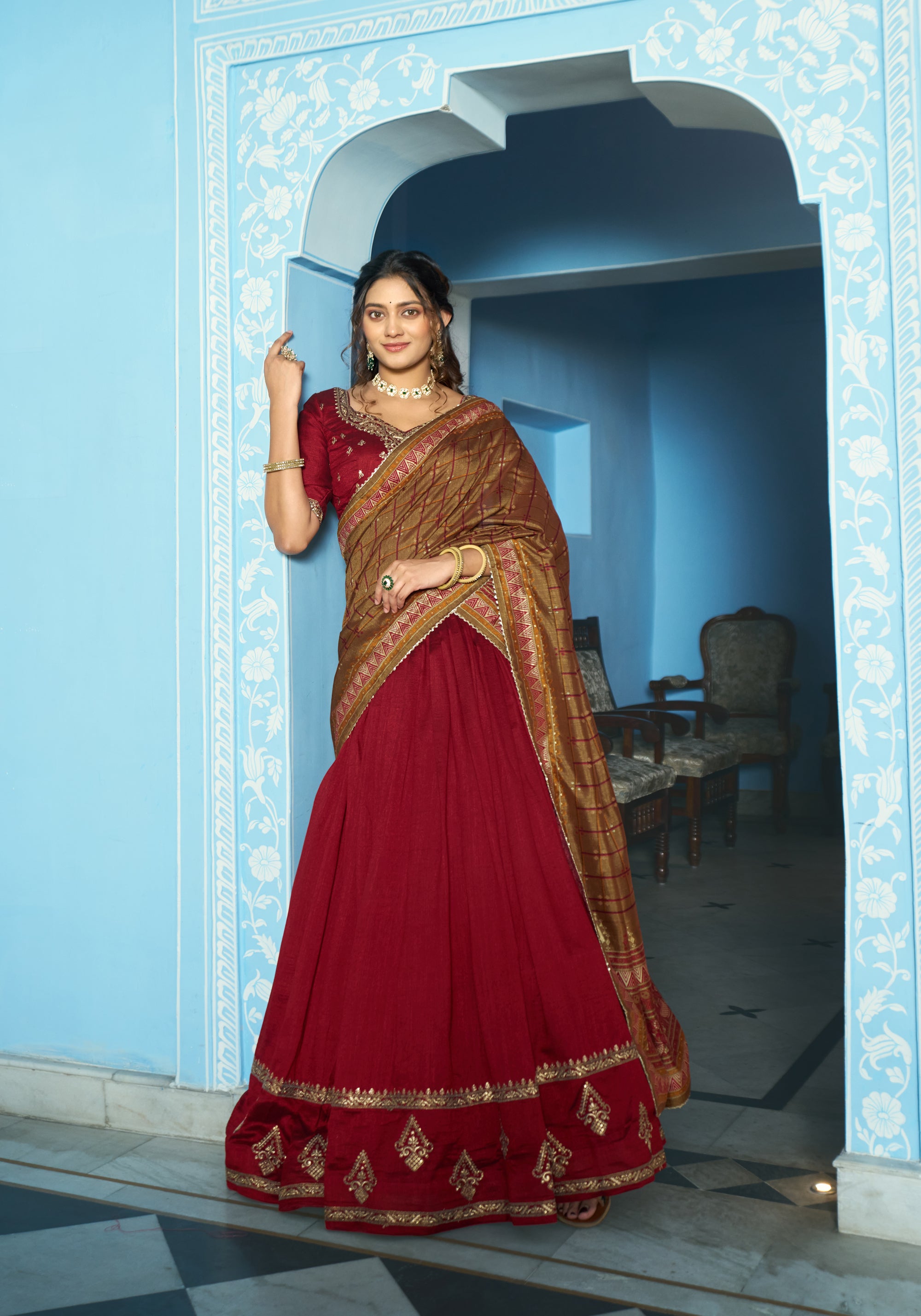 Lorenvalley Fashion Maroon Vichitra Silk Sequins and Thread Embroidery Work Lehenga Choli with Dupatta - Dista