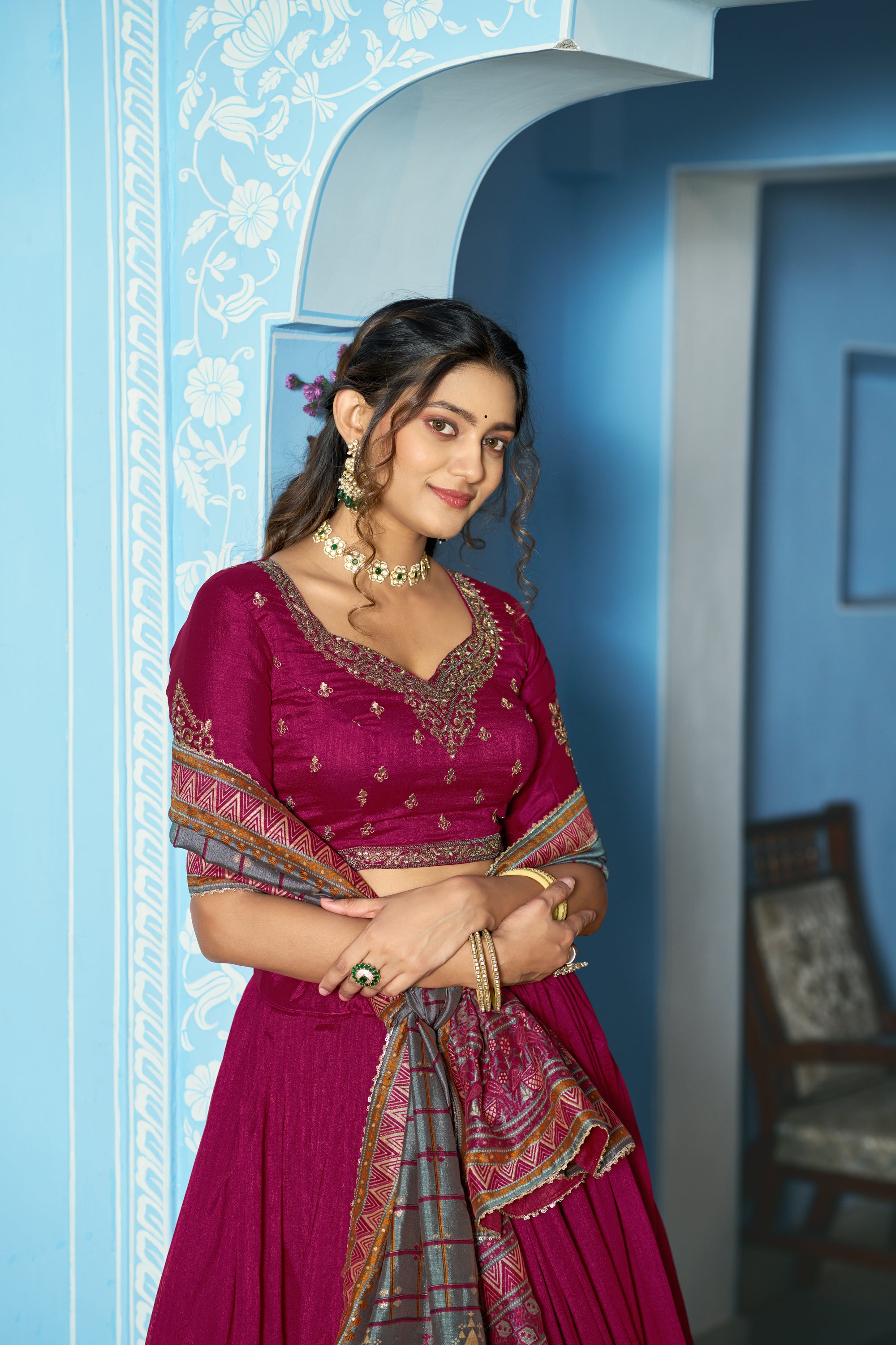 Lorenvalley Fashion Ranipink Vichitra Silk Sequins and Thread Embroidery Work Lehenga Choli with Dupatta - Dista