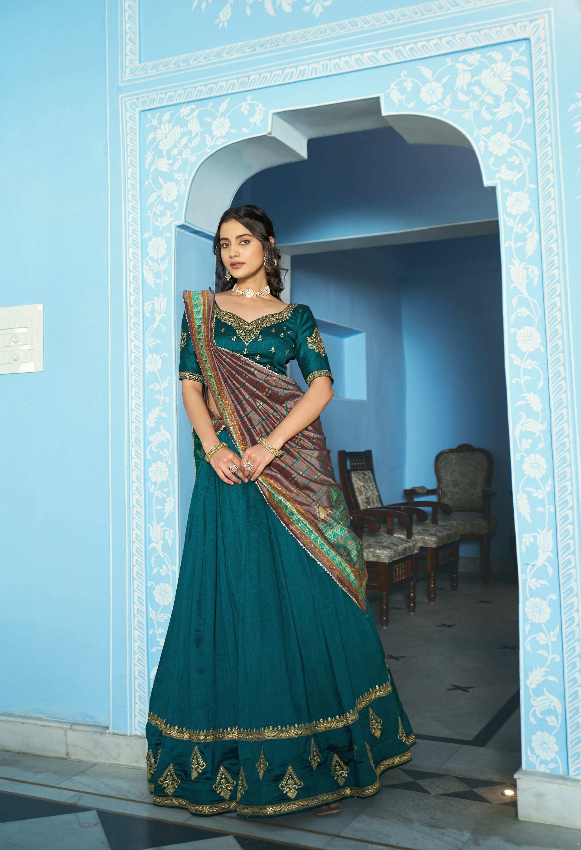 Lorenvalley Fashion Teal Vichitra Silk Sequins and Thread Embroidery Work Lehenga Choli with Dupatta - Dista