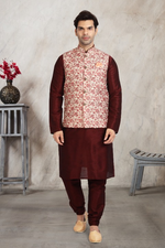 Thumbnail for Raivat Ethnic Art Banarasi Silk Printed Work 3 Pics Jacket Set In Cream Colour - Distacart