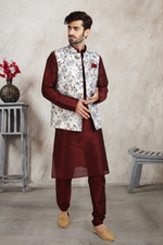 Thumbnail for Raivat Ethnic Art Banarasi Silk Printed Work 3 Pics Jacket Set In Off White Colour - Distacart