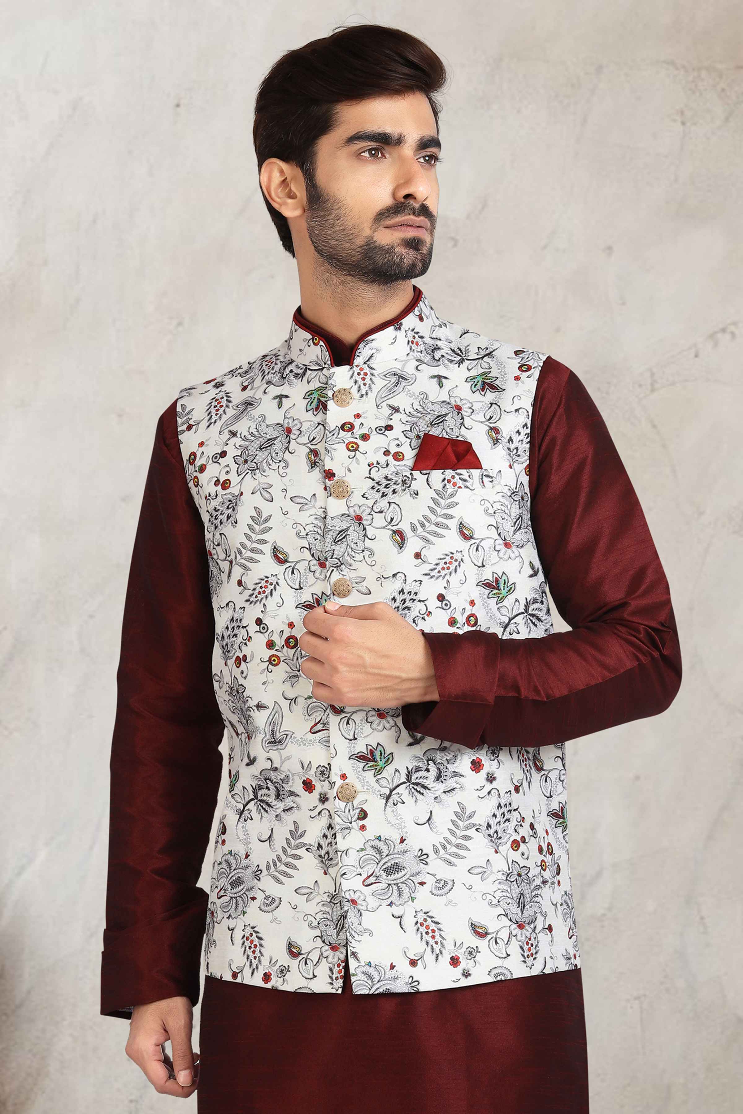 Raivat Ethnic Art Banarasi Silk Printed Work 3 Pics Jacket Set In Off White Colour - Distacart