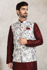 Thumbnail for Raivat Ethnic Art Banarasi Silk Printed Work 3 Pics Jacket Set In Off White Colour - Distacart