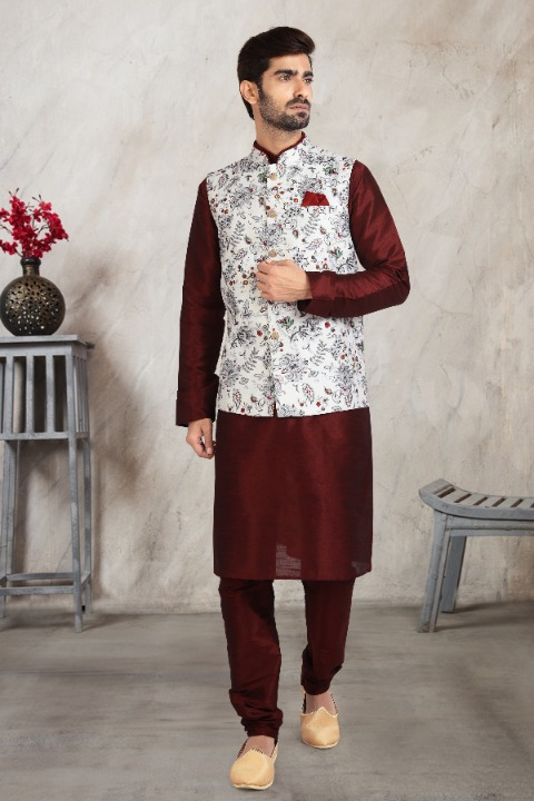 Raivat Ethnic Art Banarasi Silk Printed Work 3 Pics Jacket Set In Off White Colour - Distacart