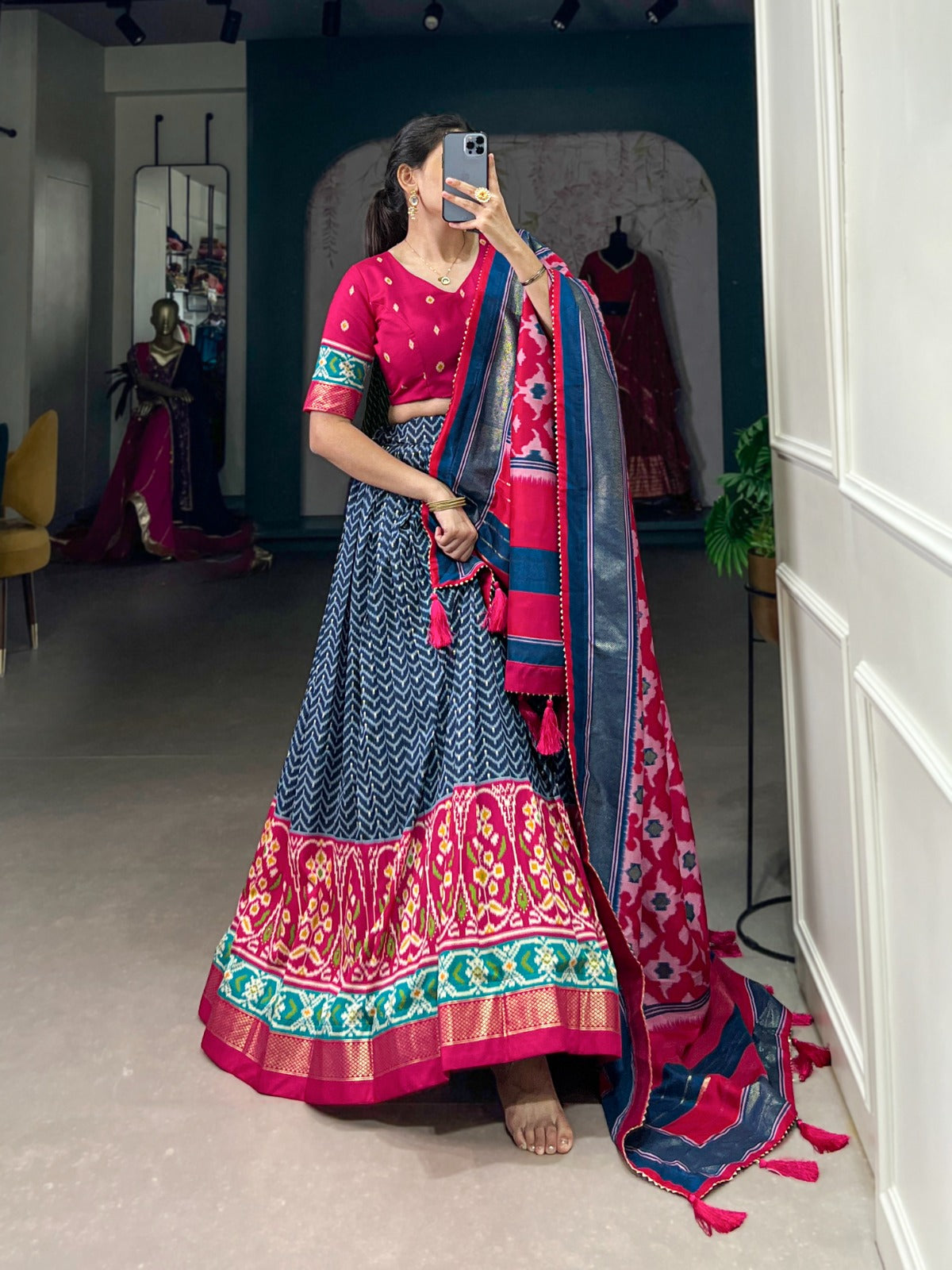 Lorenvalley Blue Tussar Silk Patola With Foil Print Lehenga Choli - Distacart