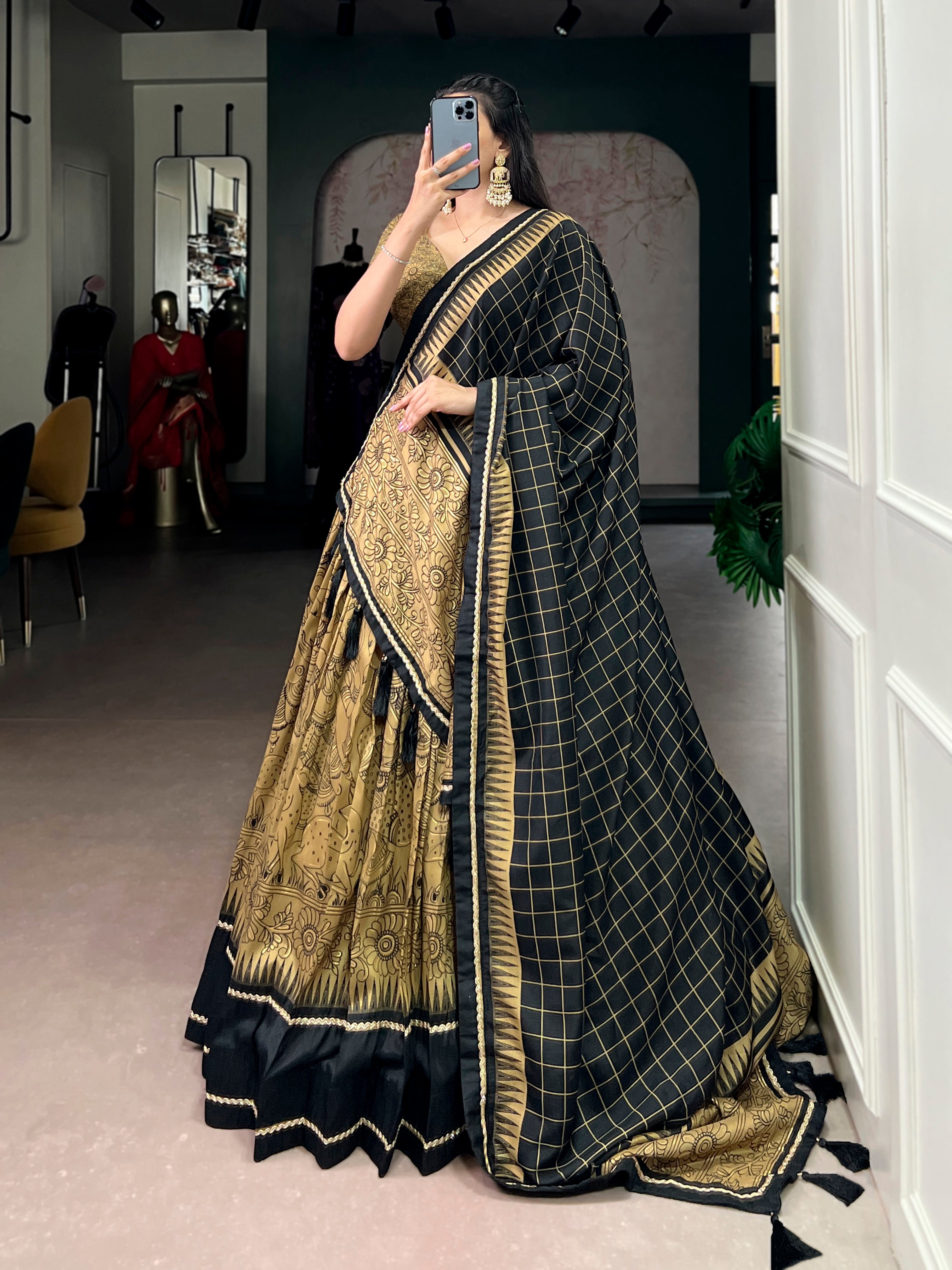 Lorenvalley Fashion Gold Tasar Silk Kalamkari Print With Lace Border Lehenga Choli with Dupatta - Distacart