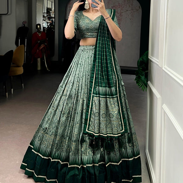 Lorenvalley Fashion Green Tasar Silk Kalamkari Print With Lace Border Lehenga Choli with Dupatta - Distacart