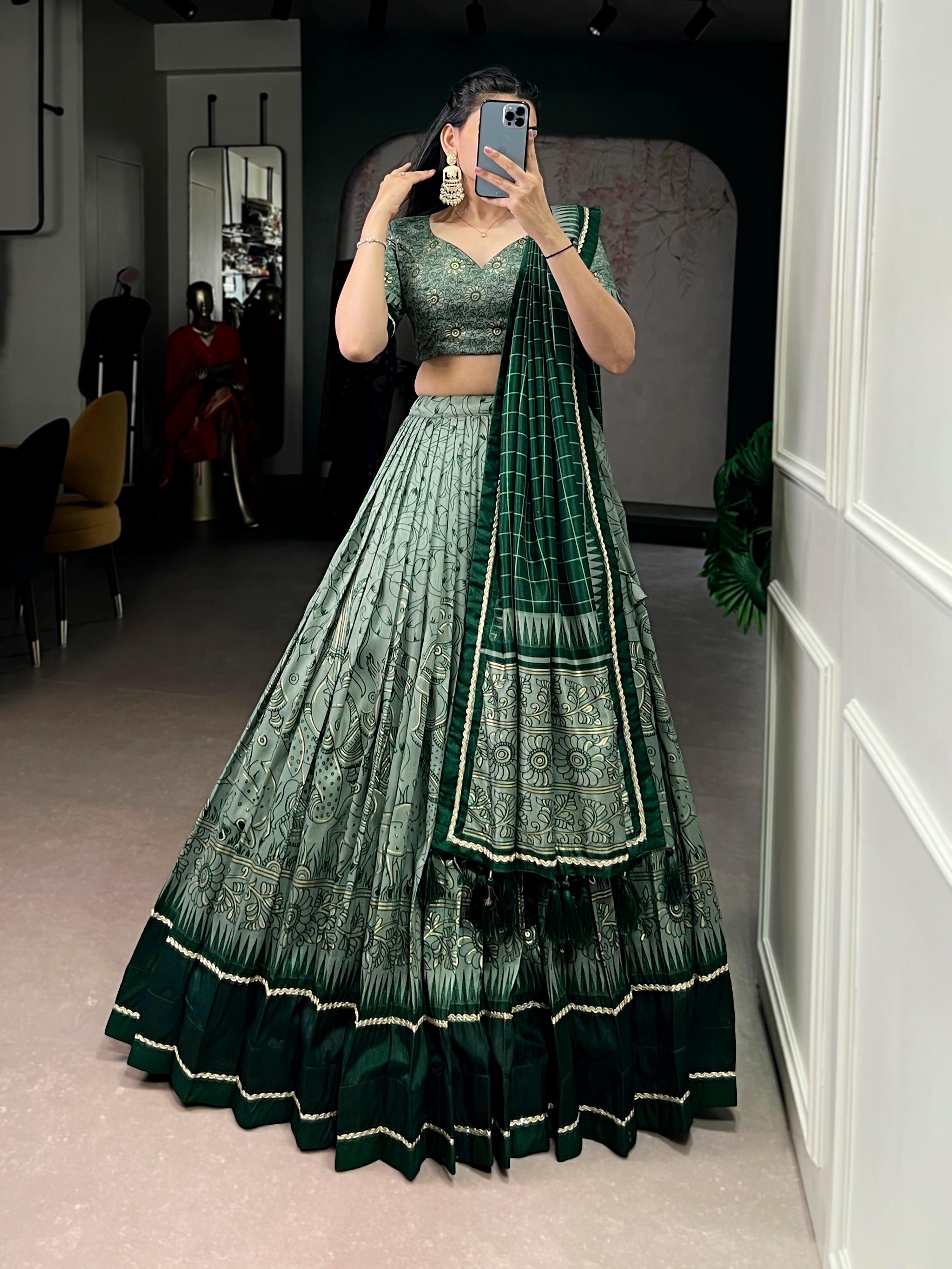 Lorenvalley Fashion Green Tasar Silk Kalamkari Print With Lace Border Lehenga Choli with Dupatta - Distacart