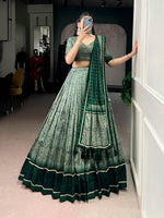 Thumbnail for Lorenvalley Fashion Green Tasar Silk Kalamkari Print With Lace Border Lehenga Choli with Dupatta - Distacart
