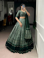 Thumbnail for Lorenvalley Fashion Green Tasar Silk Kalamkari Print With Lace Border Lehenga Choli with Dupatta - Distacart