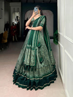 Thumbnail for Lorenvalley Fashion Green Tasar Silk Kalamkari Print With Lace Border Lehenga Choli with Dupatta - Distacart