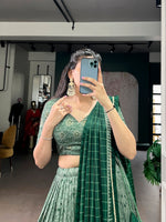 Thumbnail for Lorenvalley Fashion Green Tasar Silk Kalamkari Print With Lace Border Lehenga Choli with Dupatta - Distacart