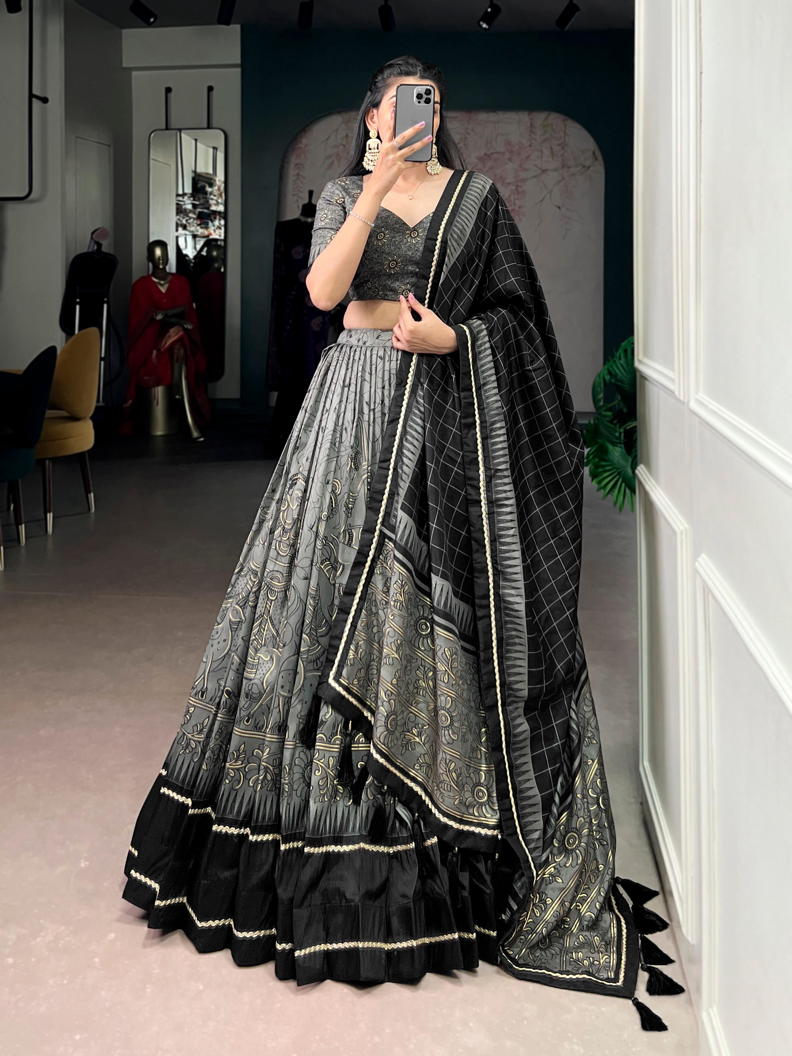 Lorenvalley Fashion Grey Tasar Silk Kalamkari Print With Lace Border Lehenga Choli with Dupatta - Distacart