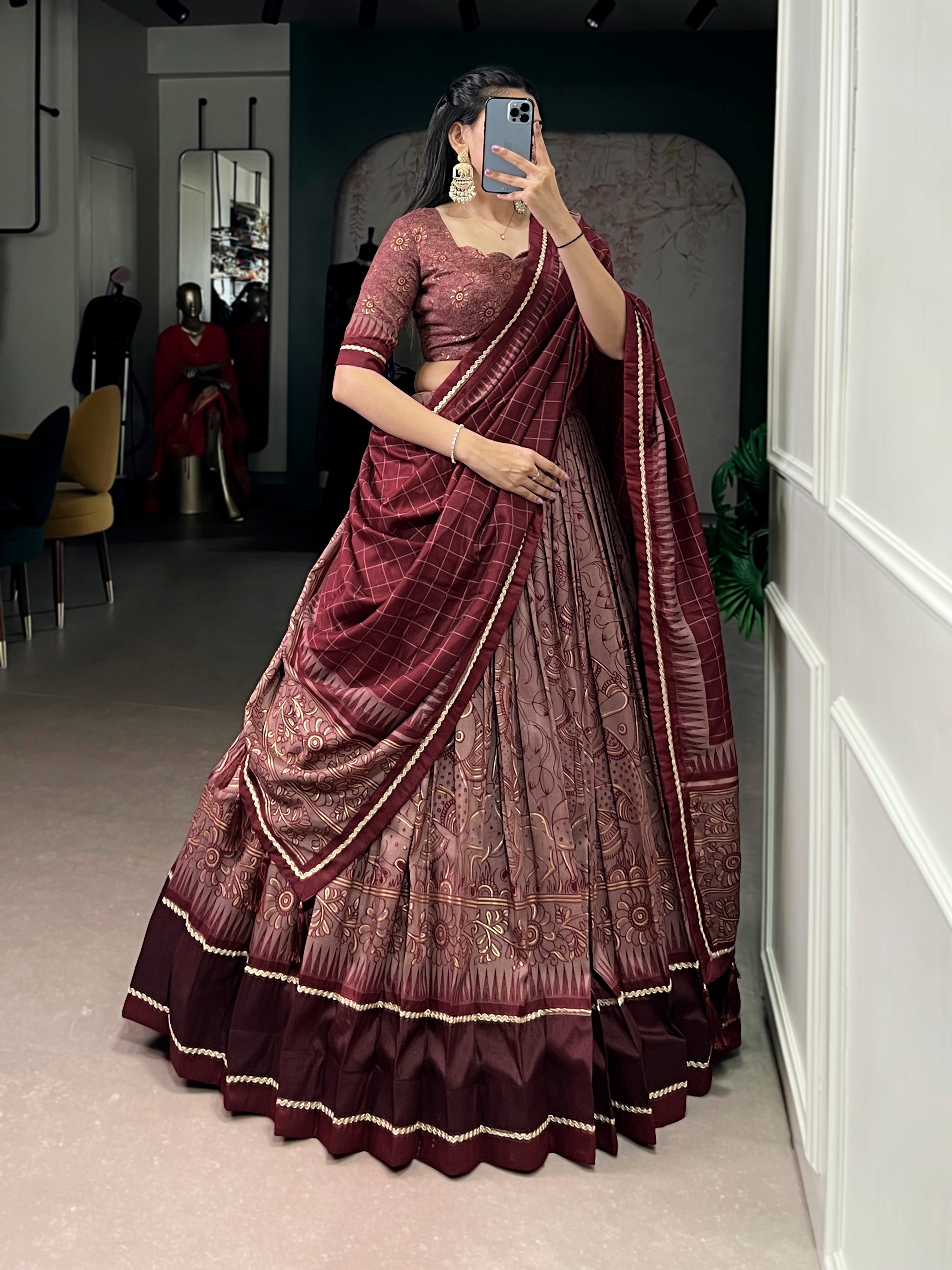 Lorenvalley Fashion Maroon Tasar Silk Kalamkari Print With Lace Border Lehenga Choli with Dupatta - Distacart