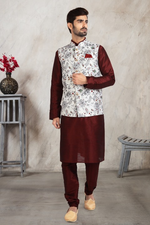 Thumbnail for Raivat Ethnic Art Banarasi Silk Printed Work 3 Pics Jacket Set In Off White Colour - Distacart