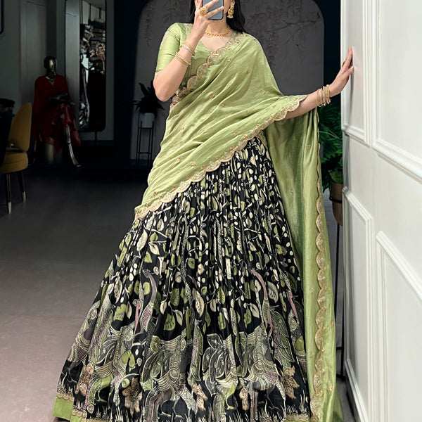 Lorenvalley Fashion Multicolor Tasar Silk Kalamkari Print with Lace Border Lehenga Choli with Dupatta - Dista