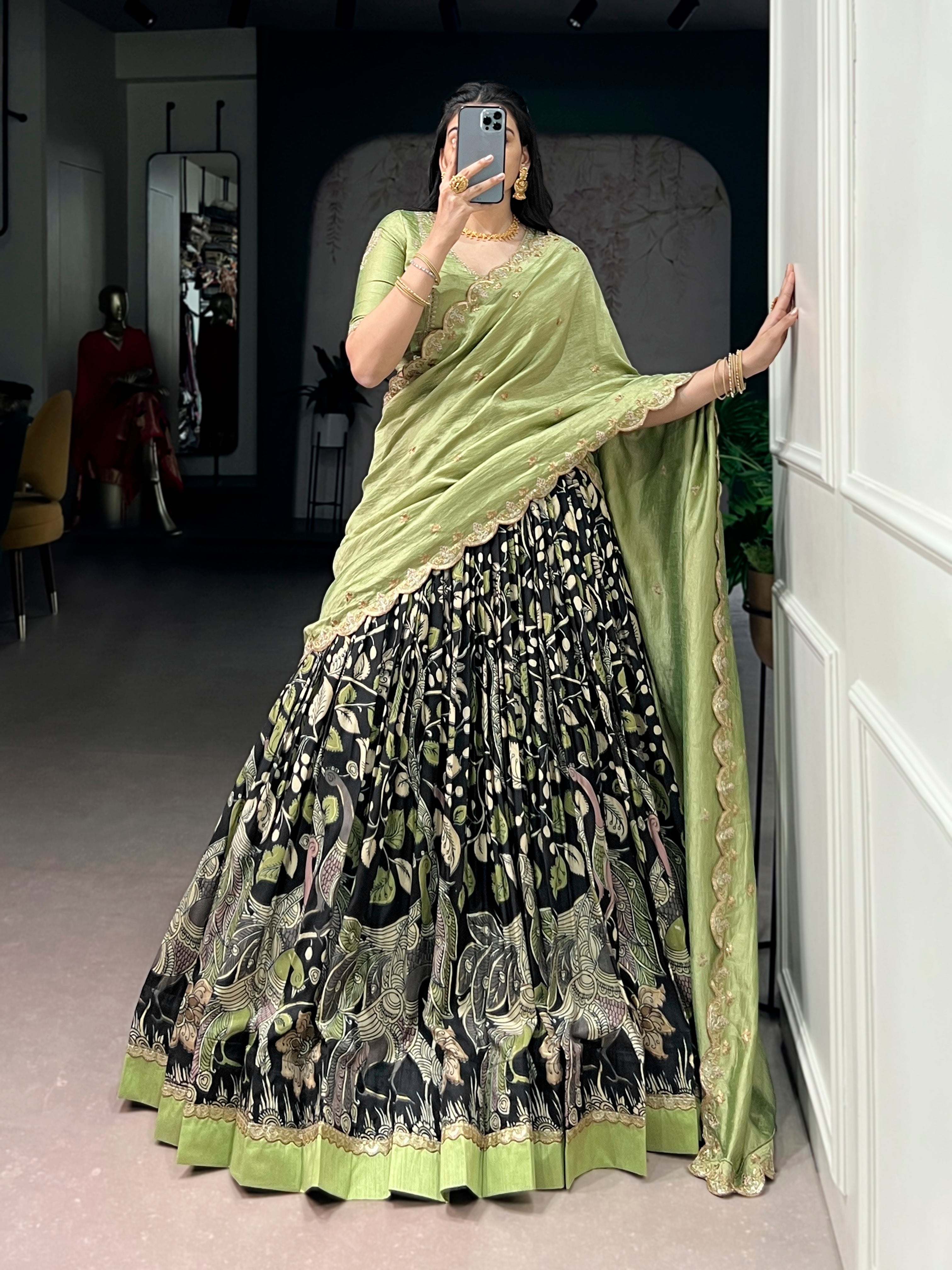 Lorenvalley Fashion Multicolor Tasar Silk Kalamkari Print with Lace Border Lehenga Choli with Dupatta - Dista