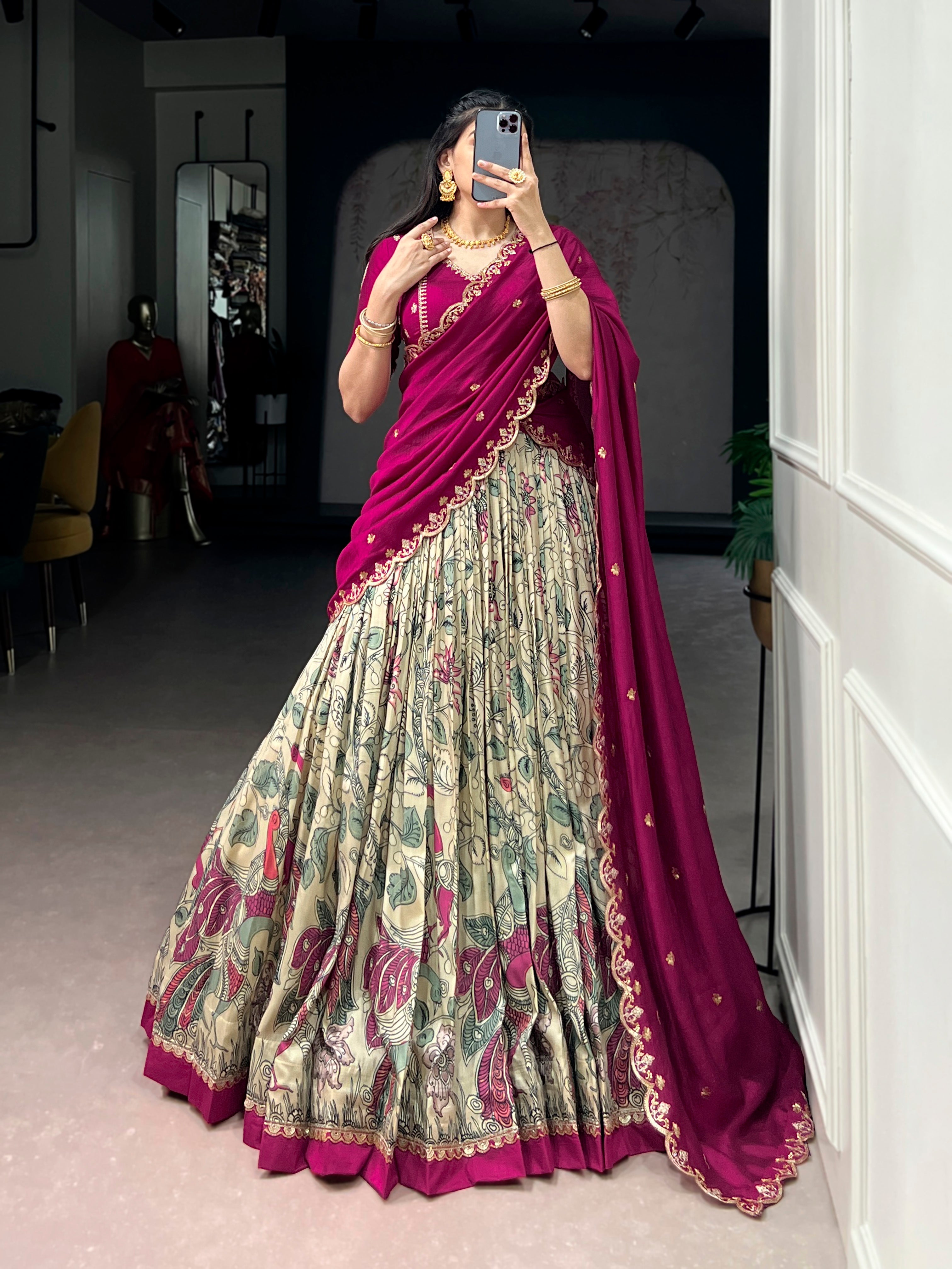 Lorenvalley Fashion Multicolor Tasar Silk Kalamkari Print with Lace Border Lehenga Choli with Dupatta - Dista