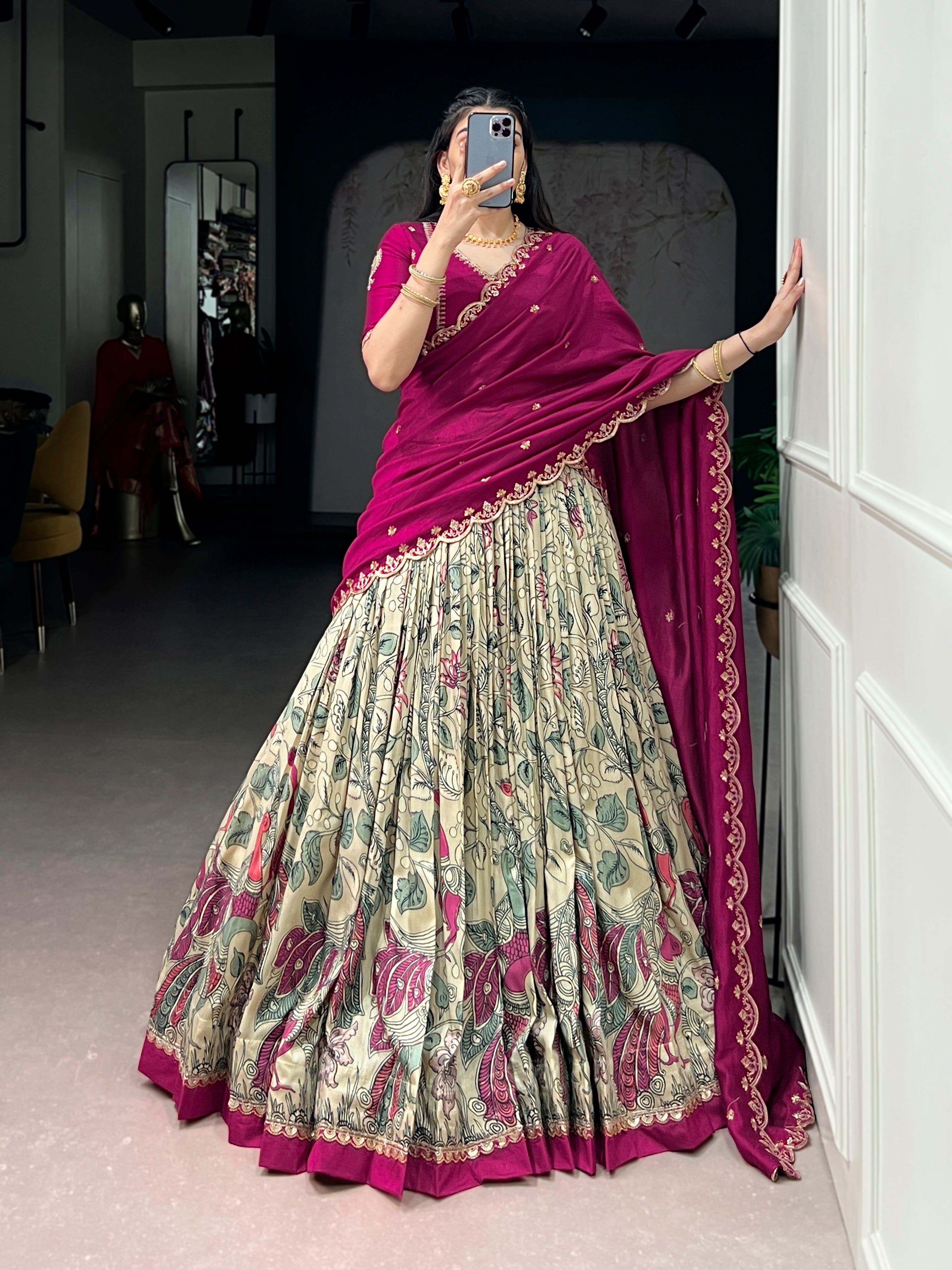 Lorenvalley Fashion Multicolor Tasar Silk Kalamkari Print with Lace Border Lehenga Choli with Dupatta - Dista
