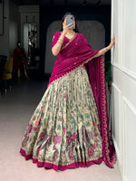 Thumbnail for Lorenvalley Fashion Multicolor Tasar Silk Kalamkari Print with Lace Border Lehenga Choli with Dupatta - Dista