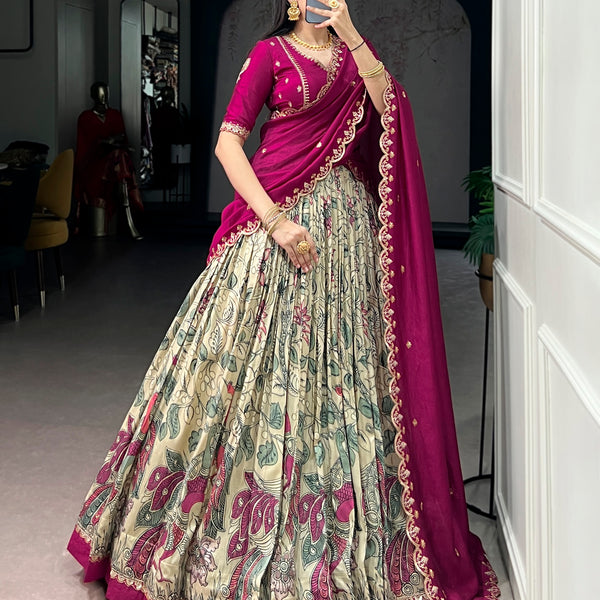 Lorenvalley Fashion Multicolor Tasar Silk Kalamkari Print with Lace Border Lehenga Choli with Dupatta - Dista