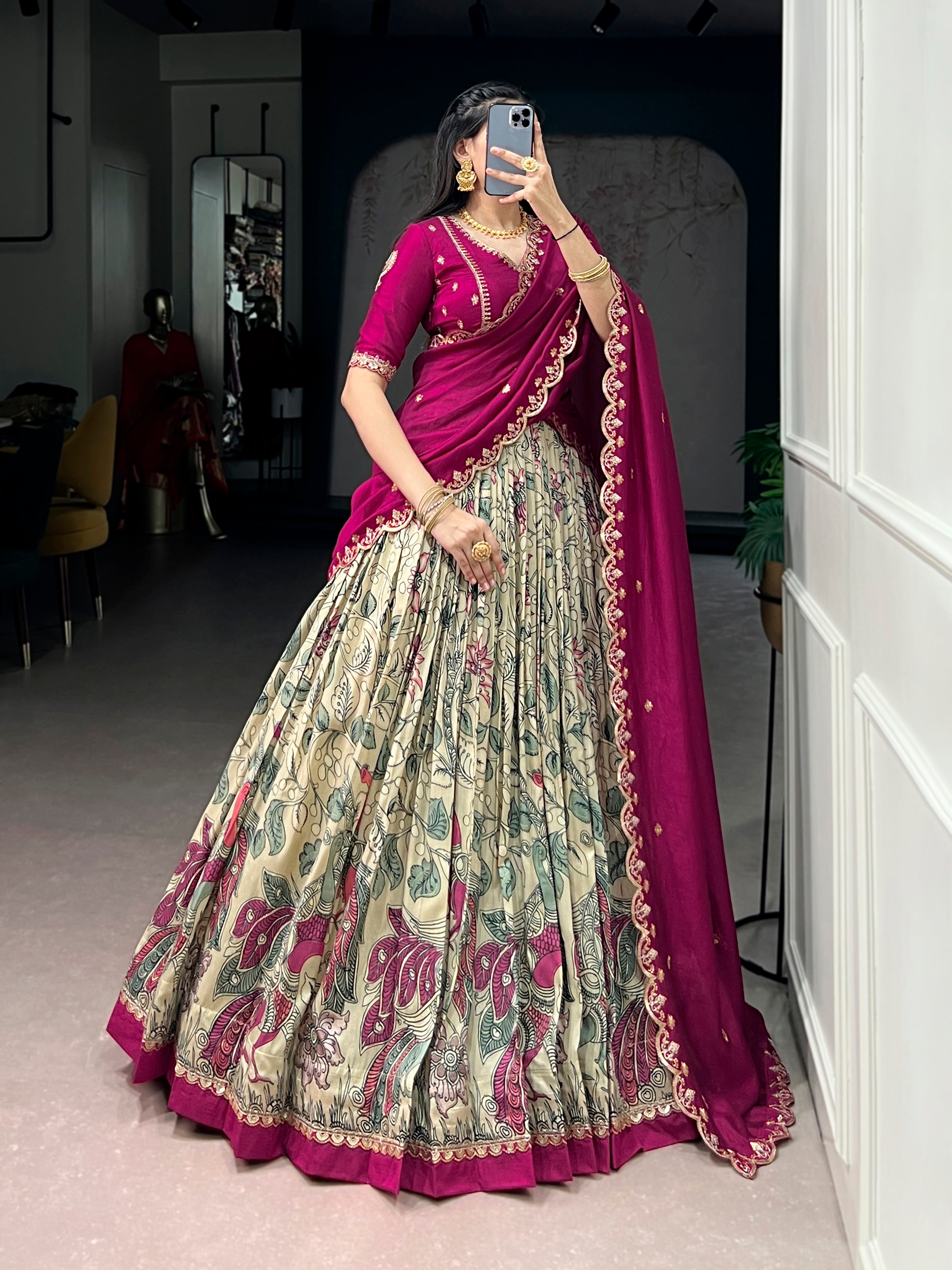 Lorenvalley Fashion Multicolor Tasar Silk Kalamkari Print with Lace Border Lehenga Choli with Dupatta - Dista