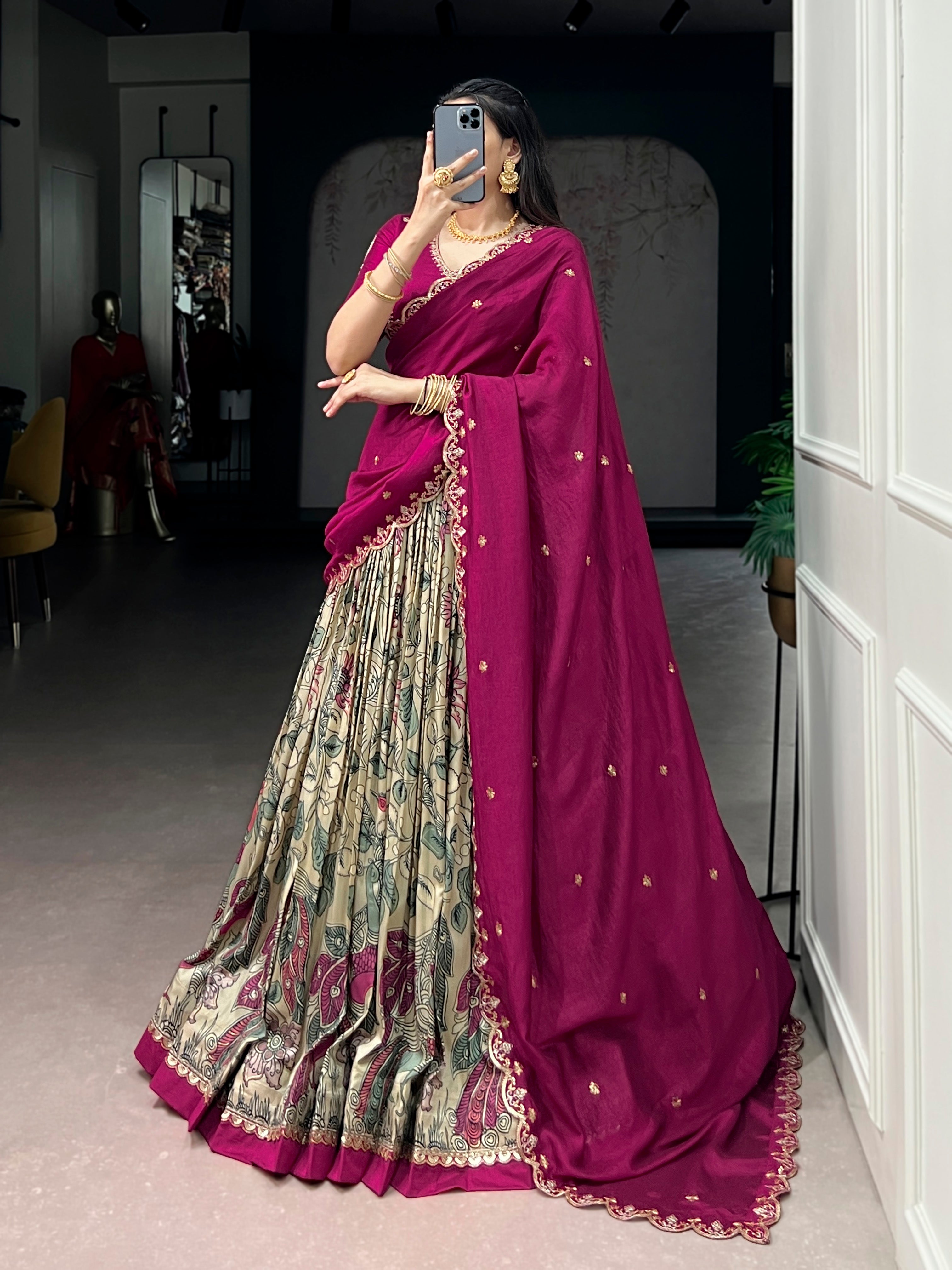 Lorenvalley Fashion Multicolor Tasar Silk Kalamkari Print with Lace Border Lehenga Choli with Dupatta - Dista