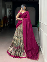 Thumbnail for Lorenvalley Fashion Multicolor Tasar Silk Kalamkari Print with Lace Border Lehenga Choli with Dupatta - Dista