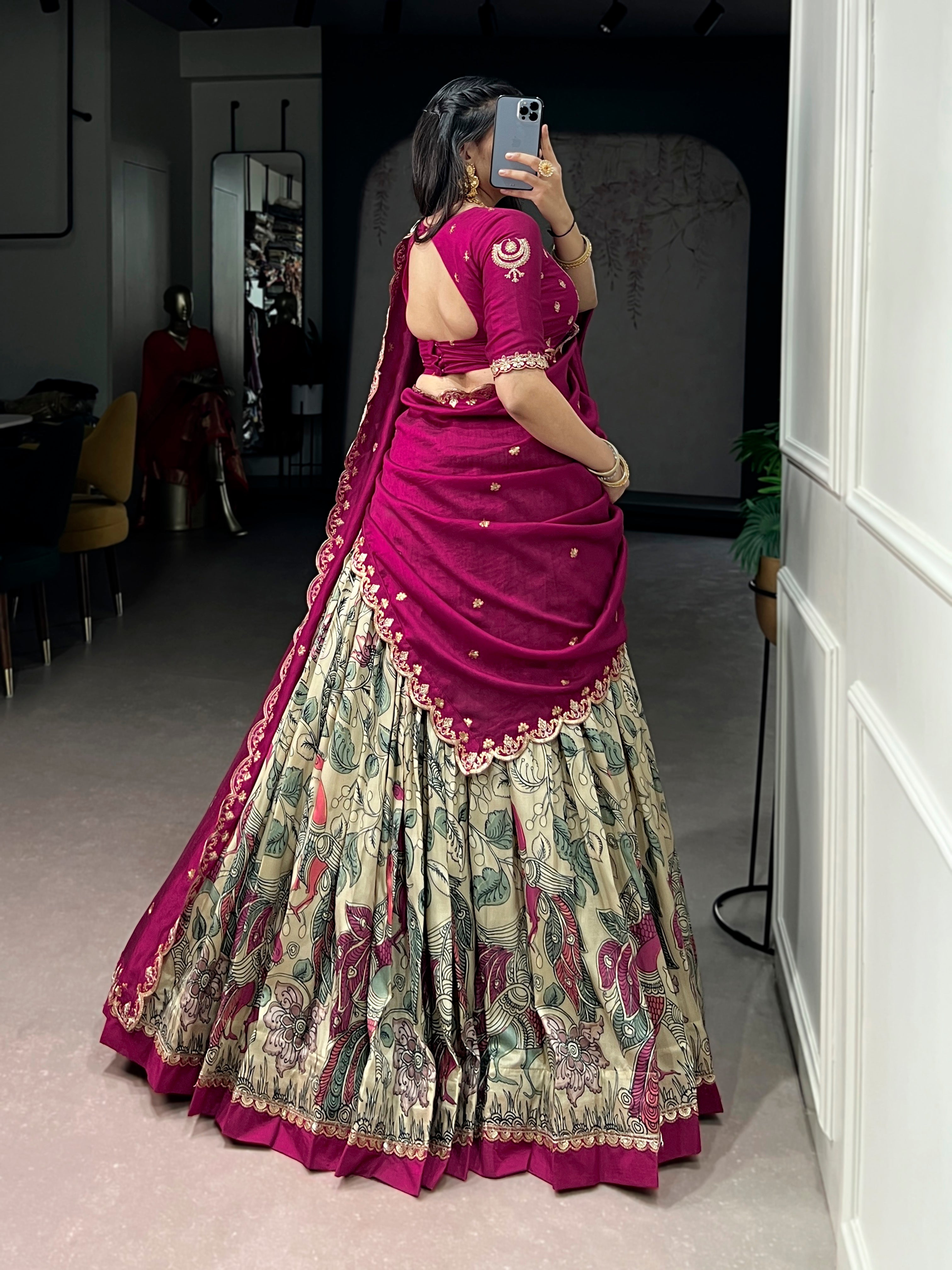 Lorenvalley Fashion Multicolor Tasar Silk Kalamkari Print with Lace Border Lehenga Choli with Dupatta - Dista