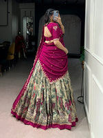 Thumbnail for Lorenvalley Fashion Multicolor Tasar Silk Kalamkari Print with Lace Border Lehenga Choli with Dupatta - Dista