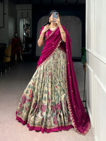 Thumbnail for Lorenvalley Fashion Multicolor Tasar Silk Kalamkari Print with Lace Border Lehenga Choli with Dupatta - Dista