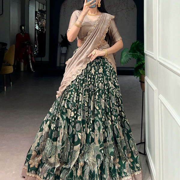 Lorenvalley Fashion Multicolor Tasar Silk Kalamkari Print with Lace Border Lehenga Choli with Dupatta - Dista