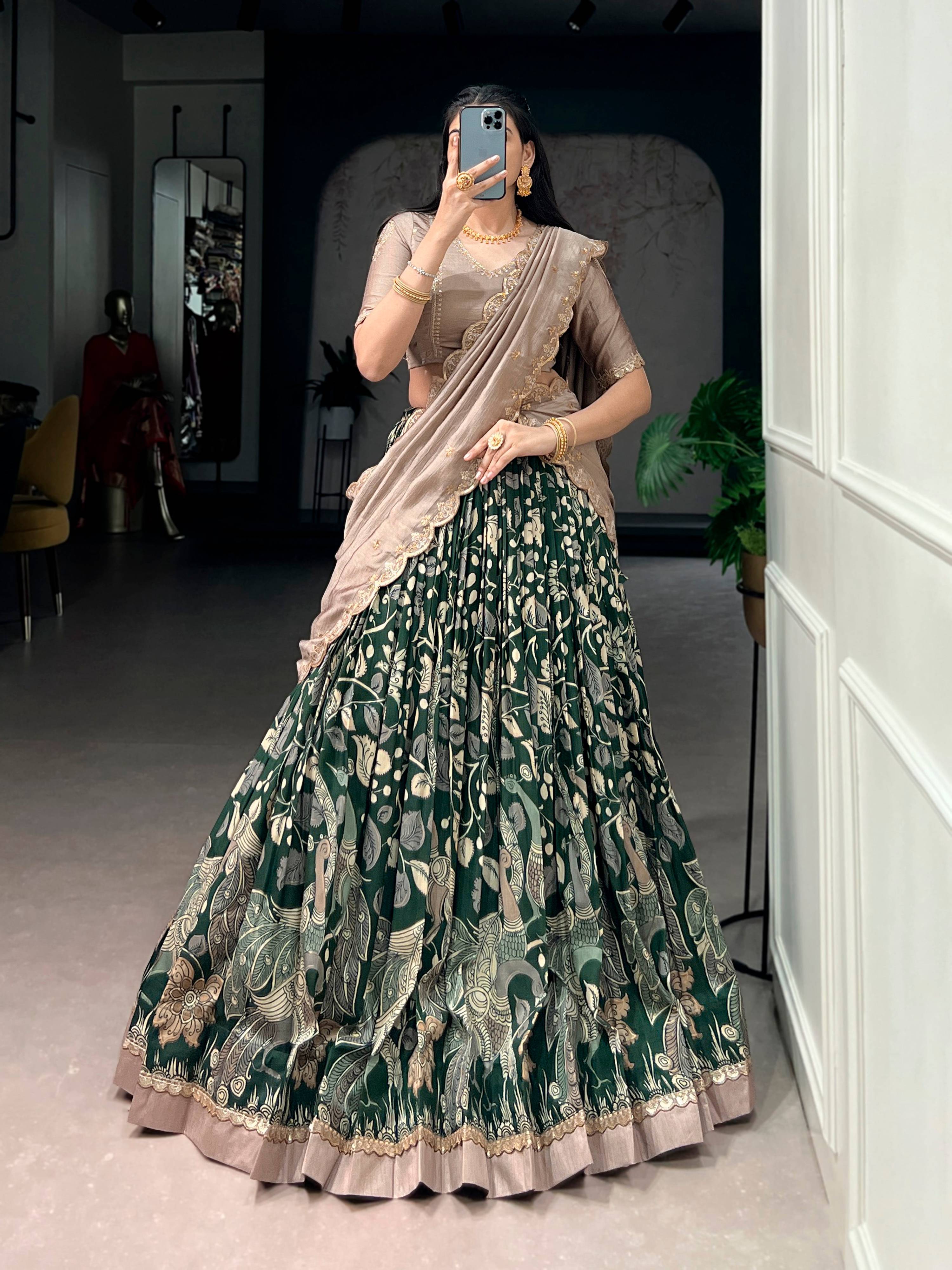 Lorenvalley Fashion Multicolor Tasar Silk Kalamkari Print with Lace Border Lehenga Choli with Dupatta - Dista