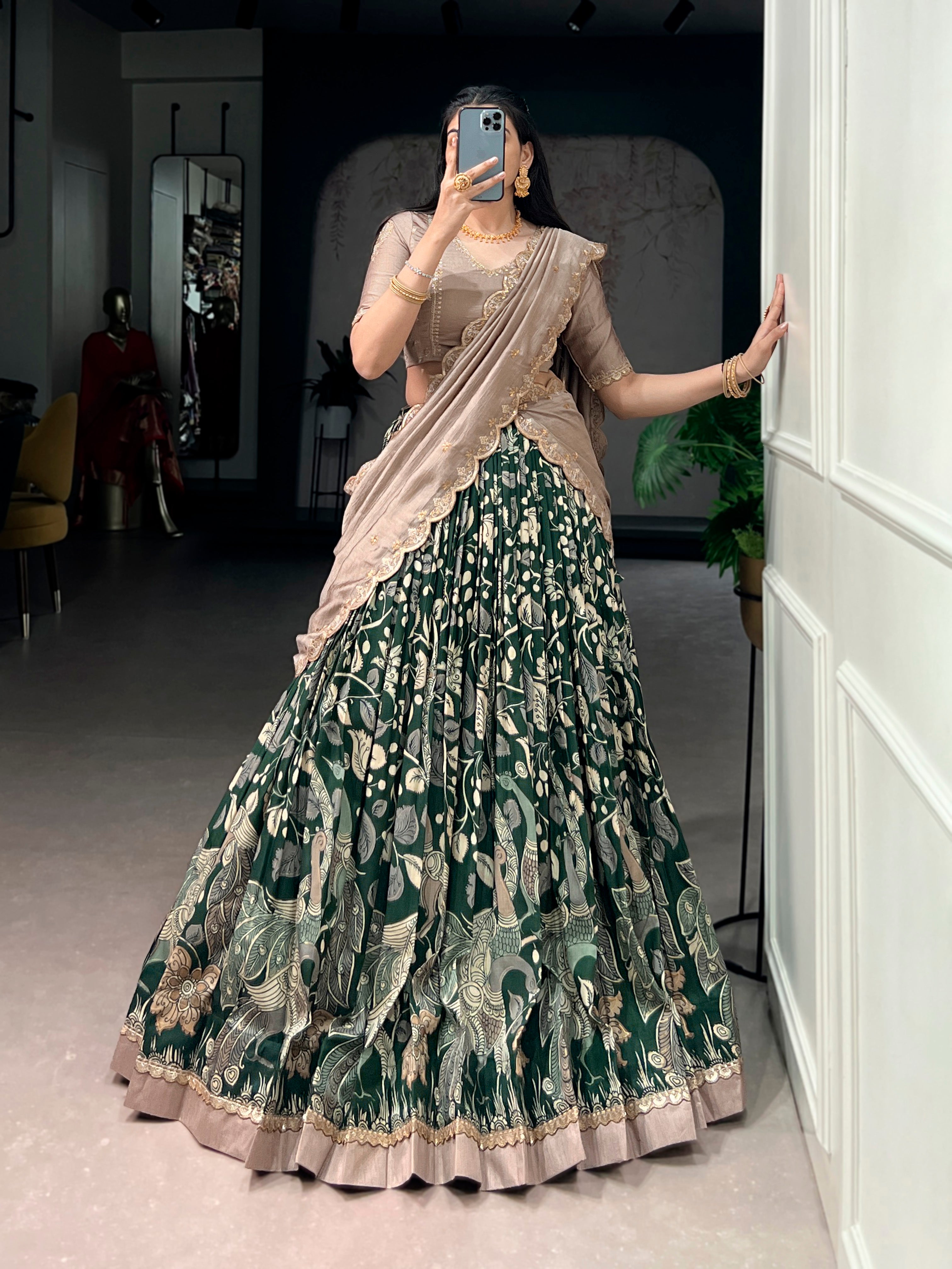 Lorenvalley Fashion Multicolor Tasar Silk Kalamkari Print with Lace Border Lehenga Choli with Dupatta - Dista