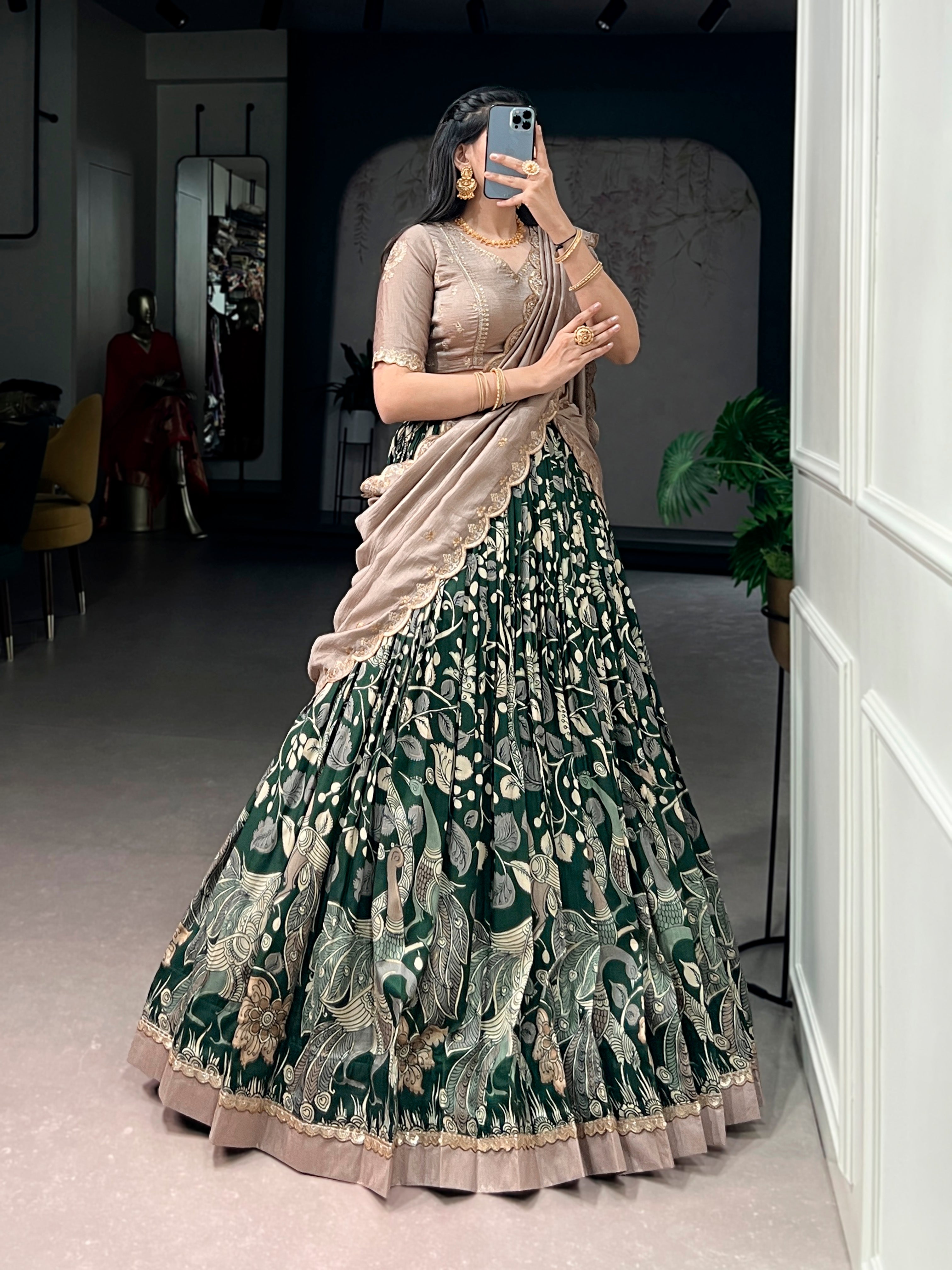 Lorenvalley Fashion Multicolor Tasar Silk Kalamkari Print with Lace Border Lehenga Choli with Dupatta - Dista