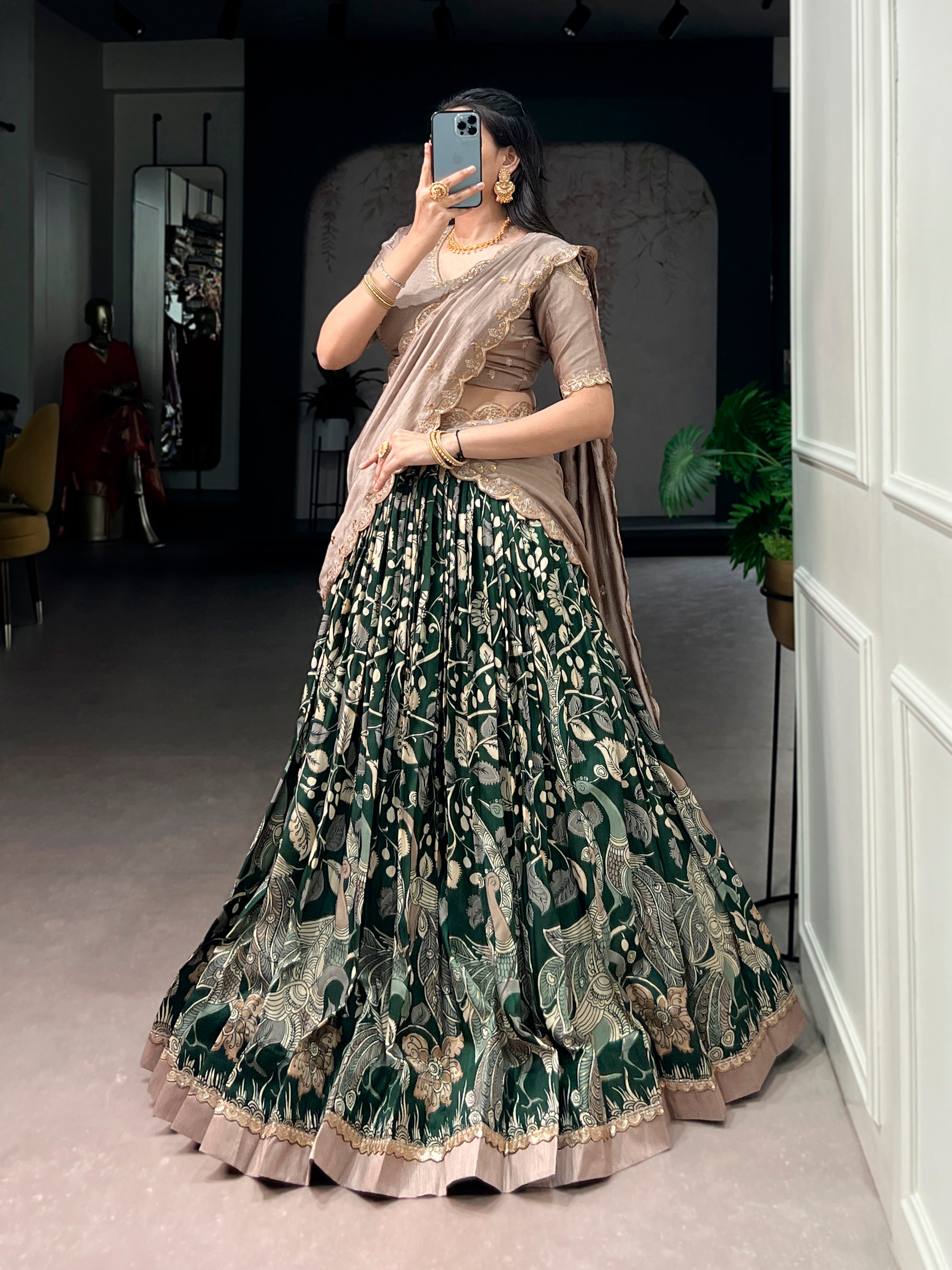 Lorenvalley Fashion Multicolor Tasar Silk Kalamkari Print with Lace Border Lehenga Choli with Dupatta - Dista