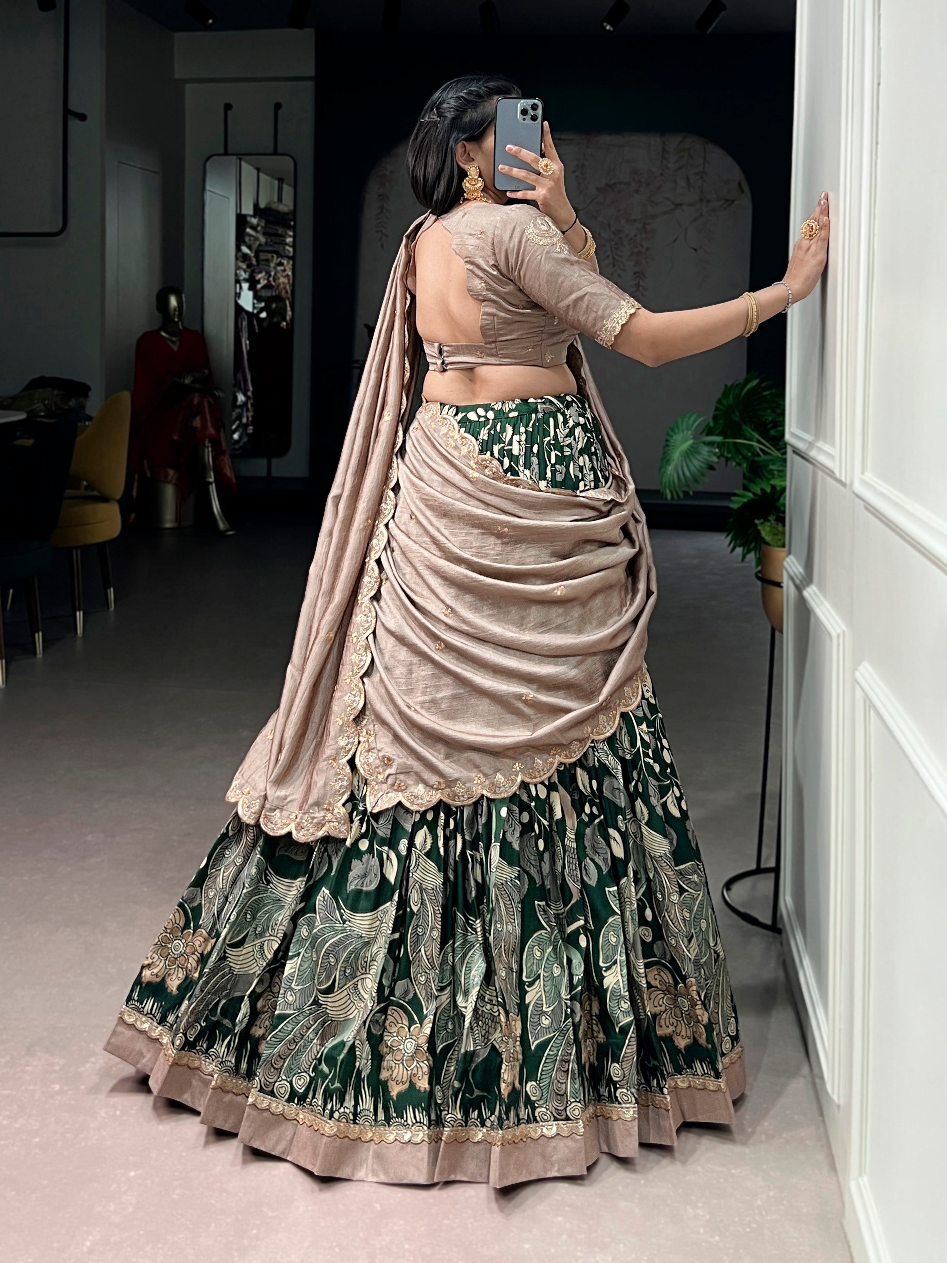 Lorenvalley Fashion Multicolor Tasar Silk Kalamkari Print with Lace Border Lehenga Choli with Dupatta - Dista