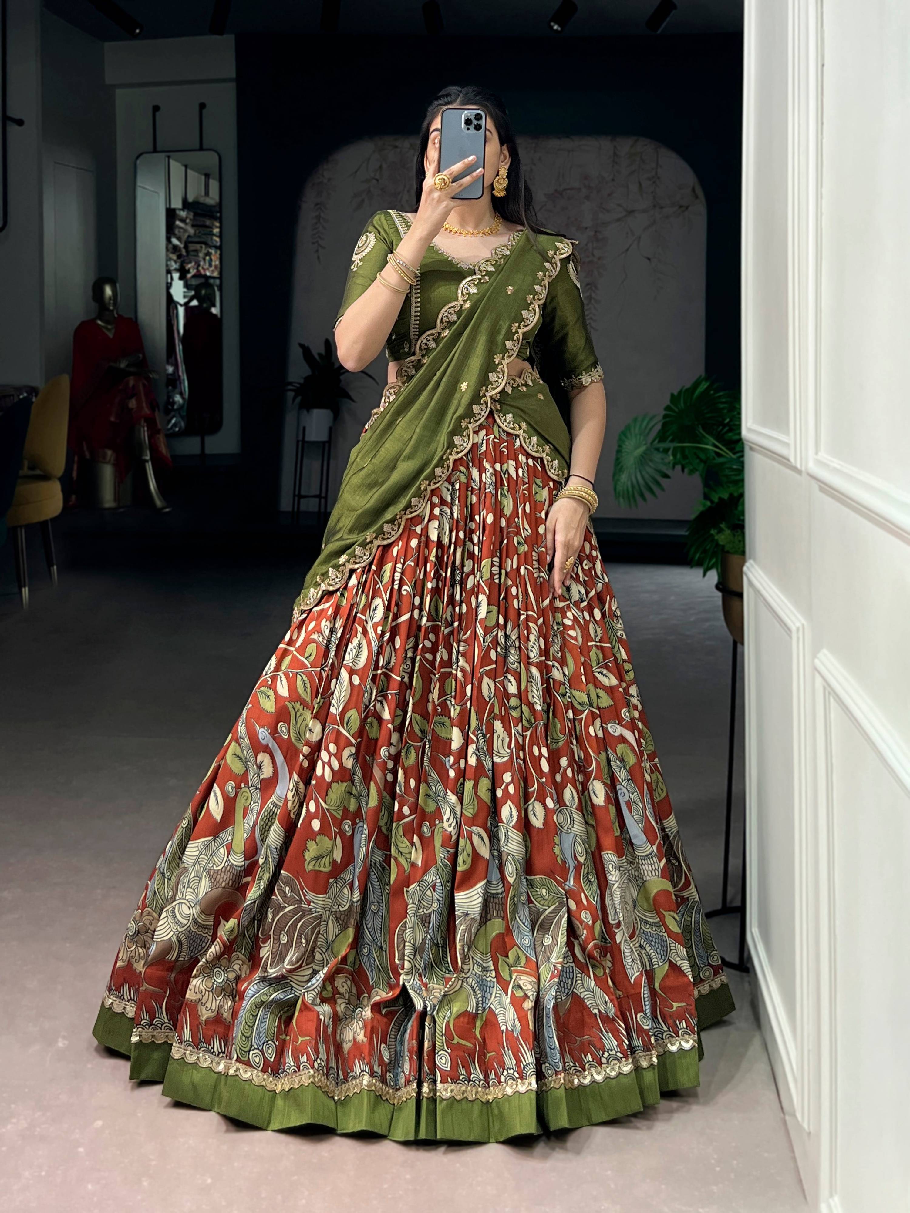 Lorenvalley Fashion Multicolor Tasar Silk Kalamkari Print with Lace Border Lehenga Choli with Dupatta - Dista