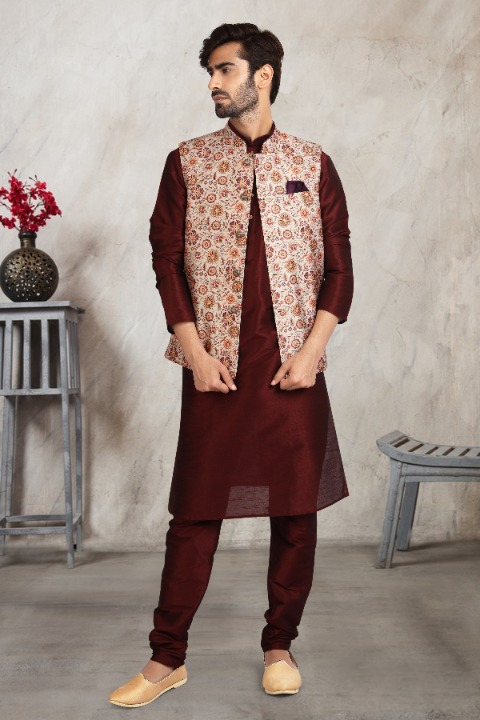 Raivat Ethnic Art Banarasi Silk Printed Work 3 Pics Jacket Set In Cream Colour - Distacart